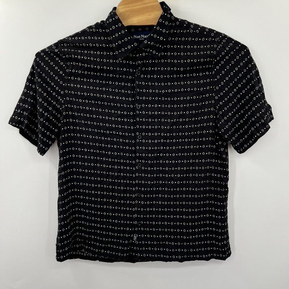 Nat Nast Men's Large Black Geometric Rayon Short Sleeve Button Front Shirt - Picture 2 of 4